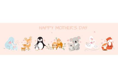 Mothers day banner with cartoon baby and mother animals. Wild pair cha