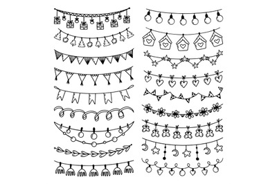 Sketch garlands set. Party bulbs garland, flags and stars with beads.