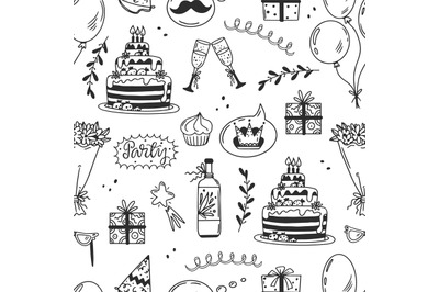 Doodle birthday party seamless pattern. Anniversary celebrate sketch b