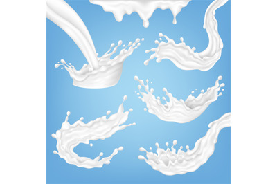 Milk realistic splatter and splashes. Isolated white liquid drops, dri