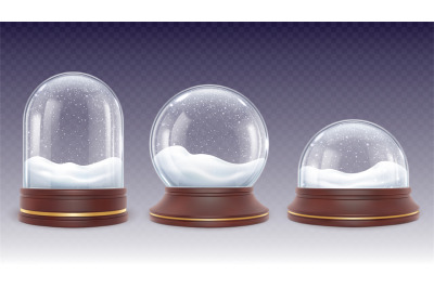 Christmas snow globes. Glass globe with snowy and snowfall. Empty real