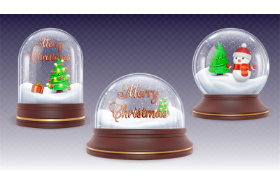 Realistic christmas crystal snow ball, globe with 3d snowman and xmas