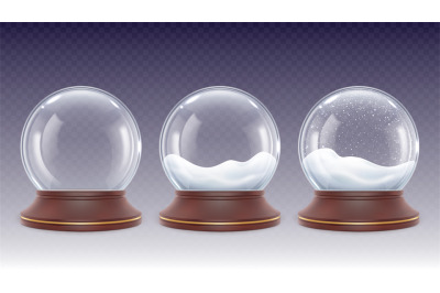 Realistic snowy glass globe. 3d snow globes, winter snowfall in crysta