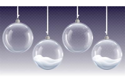 Realistic glass christmas balls hanging on ribbons. Winter crystal xma