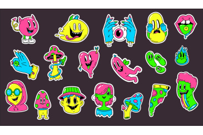 Funny acid surreality cute stickers. Hipster patches with crazy retro