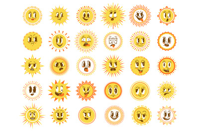 Sun faces elements. Morning sunshine, happy cute cartoon suns. Isolate