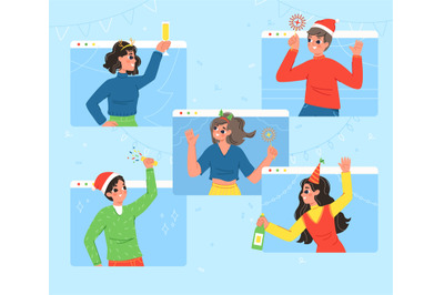 Teens holiday online party. Virtual christmas meet, festive teenagers