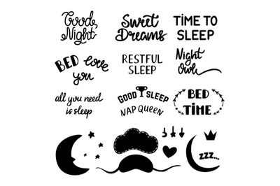 Bedtime slogan, sleep lettering signs. Isolated black time to bed hand