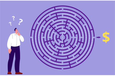 Business man looking at maze. Flat manager choose way to money, start