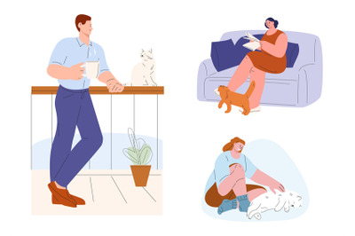 Cat therapy vector scenes. Man and woman with cats. Flat adult charact