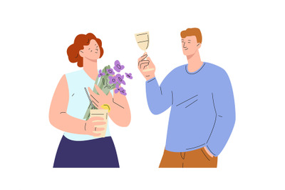 Couple on love date drinking together. Woman hold flower bouquet and c