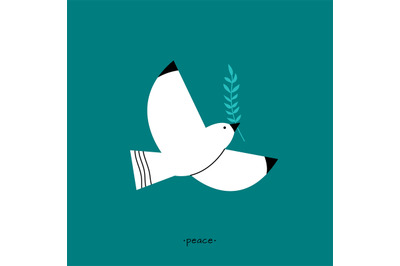 Dove of peace. Flat white pigeon with floral branch. Flying abstract f