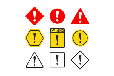 Exclamation symbols. Warning marks, vector attention signs, careful ca