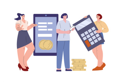 Female study financial literacy vector concept. Women with money, smar