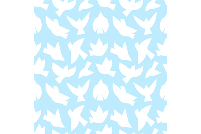 Flying bird abstract silhouettes on blue background. White bird, dove