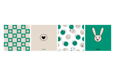 Funny emotional faces seamless patterns. Cute bunny face card, love po