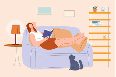 Girl on sofa reading book. Woman rest home at evening with cat. Weeken