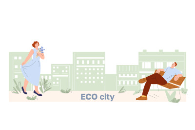 Green eco city vector concept. Young woman walking with flowers, man r