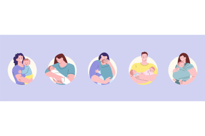 Happy young parents avatars. Woman and man hold and hug newborn babies