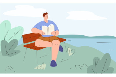 Man reading on lake shore. Young male rest on nature, in park or villa