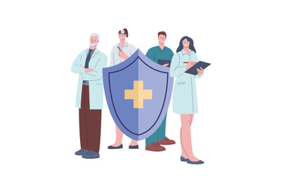 Medical staff stand with healthcare shield. Medicine concept, doctors