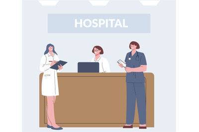 Medical team on reception. Hospital doctors and nurse. Cartoon healthc