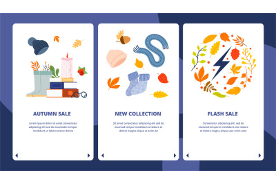 Mobile app seasonal sale banners. Application flyers with leaves, clot