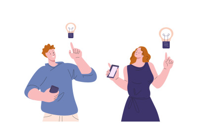 New idea vector concept. Happy teens hold smartphones, social media bu