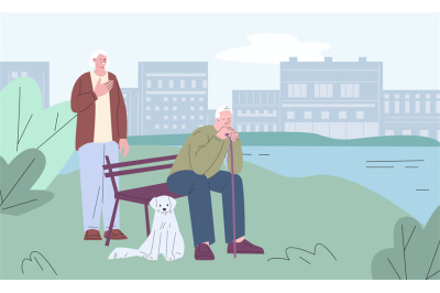 Old couple rest on city park. Nature town landscape, elderly walking w