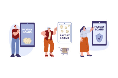 Payday Loans online vector scene. Smart loan on smartphone, quickly mo