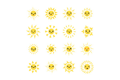 Sun characters. Cartoon suns design, emoji happy expressions, cute sun