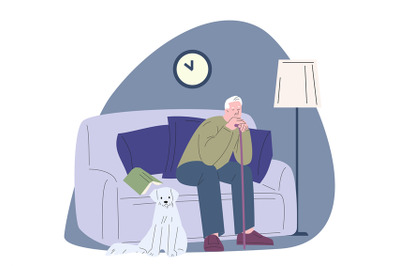 Tired senior man with dog sleep on couch. Loneliness in old ages, male