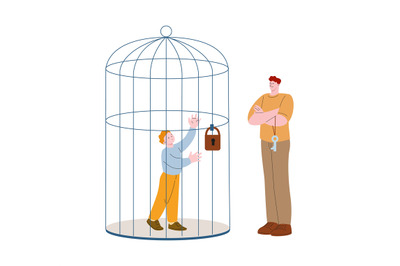 Violence against children. Boy in cage under lock and adult with key o