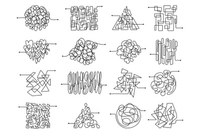 Tangled lines clipart. Chaos graphic ball, entanglement confusion abst