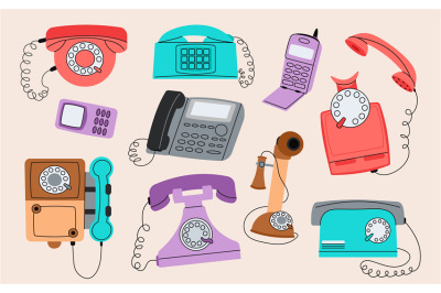 Various phones wire style. Styling telephone and handset, retro fashio