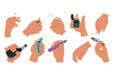 Male hands hold cigarettes and lighters, vapes. E-cigarettes, burning