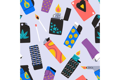 Decorative cartoon lighters seamless pattern. Burning wood match, fire