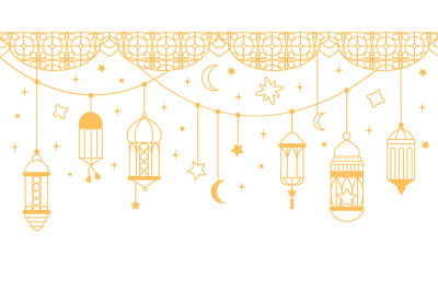 Arabic ornament lanterns ramadan kareem banner. Line islamic style dec