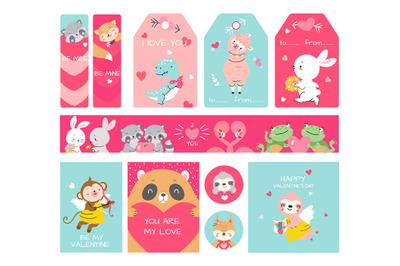 Valentines day labels, banners and gift tags with cute cartoon animals