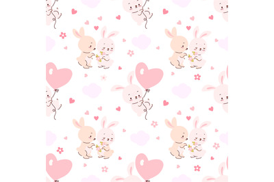 Love animals seamless pattern. Cute cartoon bunny with hearts, funny r