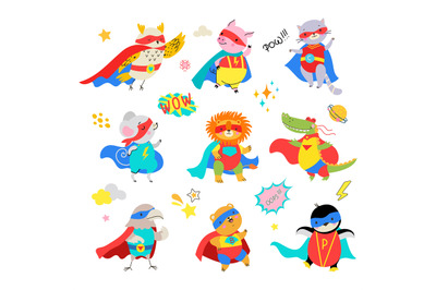 Cartoon animals cute superhero set. Child hero in cape and mask, comic