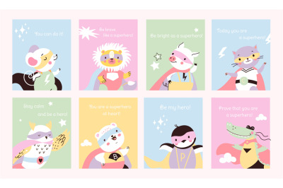 Animal superhero cards with positive slogan. Kids covers design, cute