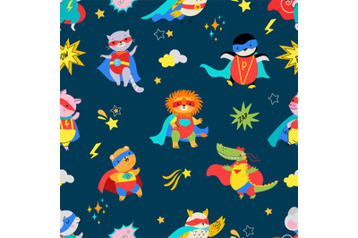 Cartoon cute superhero animals seamless pattern. Animal wear cape, bab