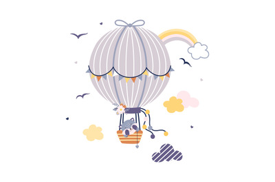 Animal on hot air balloon. Animals fly in sky, cute cartoon childish p