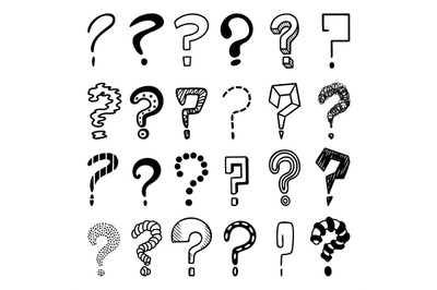 Sketch question marks. Why signs, questions doodle mark set. Interroga