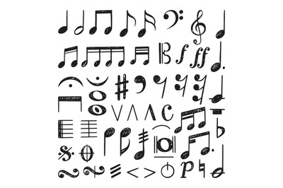 Musical notes sketch collection. Doodle note, music kids ink drawing.