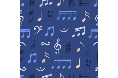 Music notes seamless pattern. Musical hand drawn ornament, sketch soun