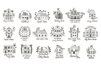 Doodle homes graphic logo. Cottage vintage style with plants, tiny han