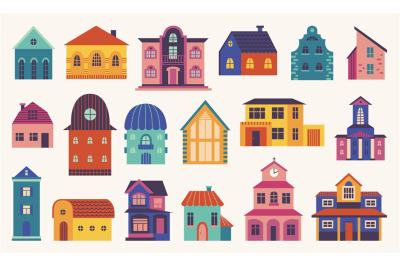 Doodle flat home. Different houses, front exterior little house. Hygge