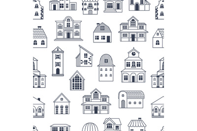 Cute doodle homes seamless pattern. Tiny houses, line architecture ele